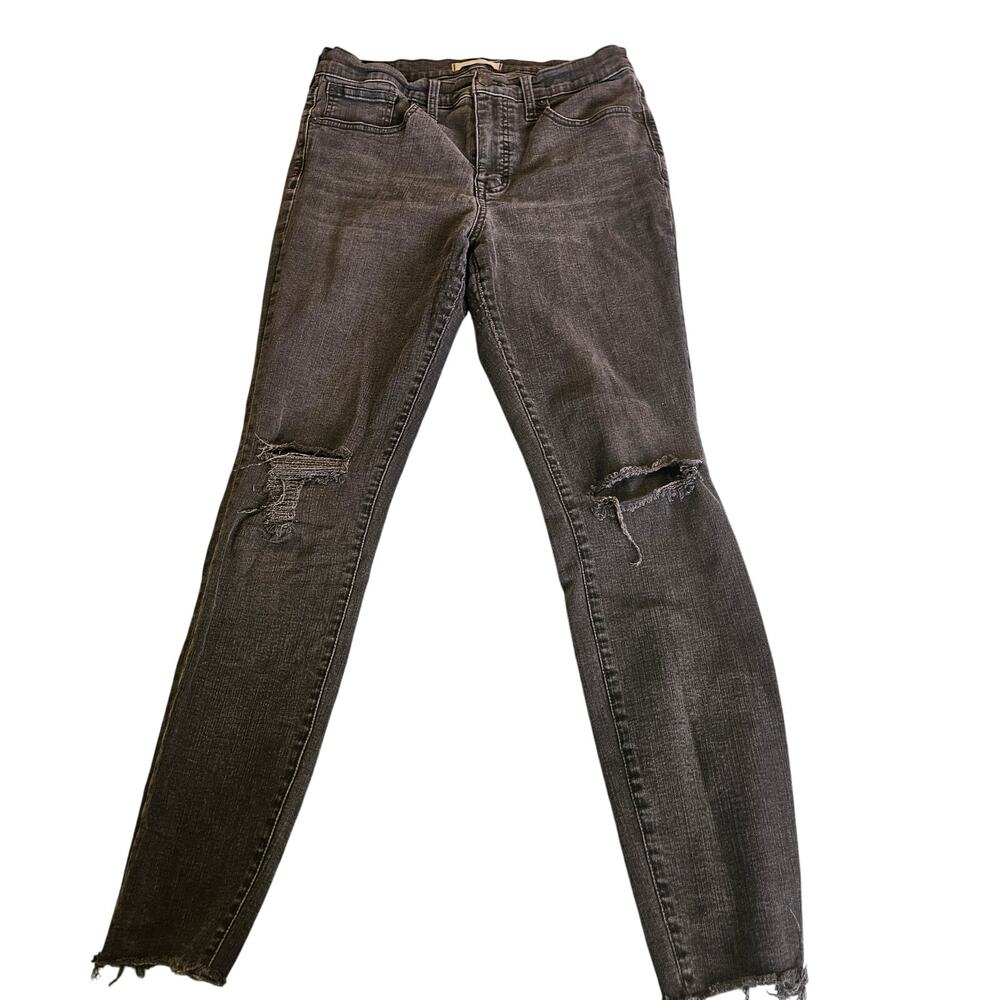 Madewell Womens 29 Black Skinny Jeans Distressed Ripped Knee Raw Hem
